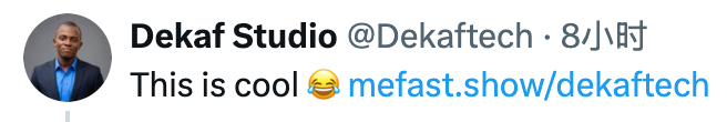 Public feedback from Dekaf Studio saying, This is cool, and sharing the mefast.show music bio made for Dekaftech.